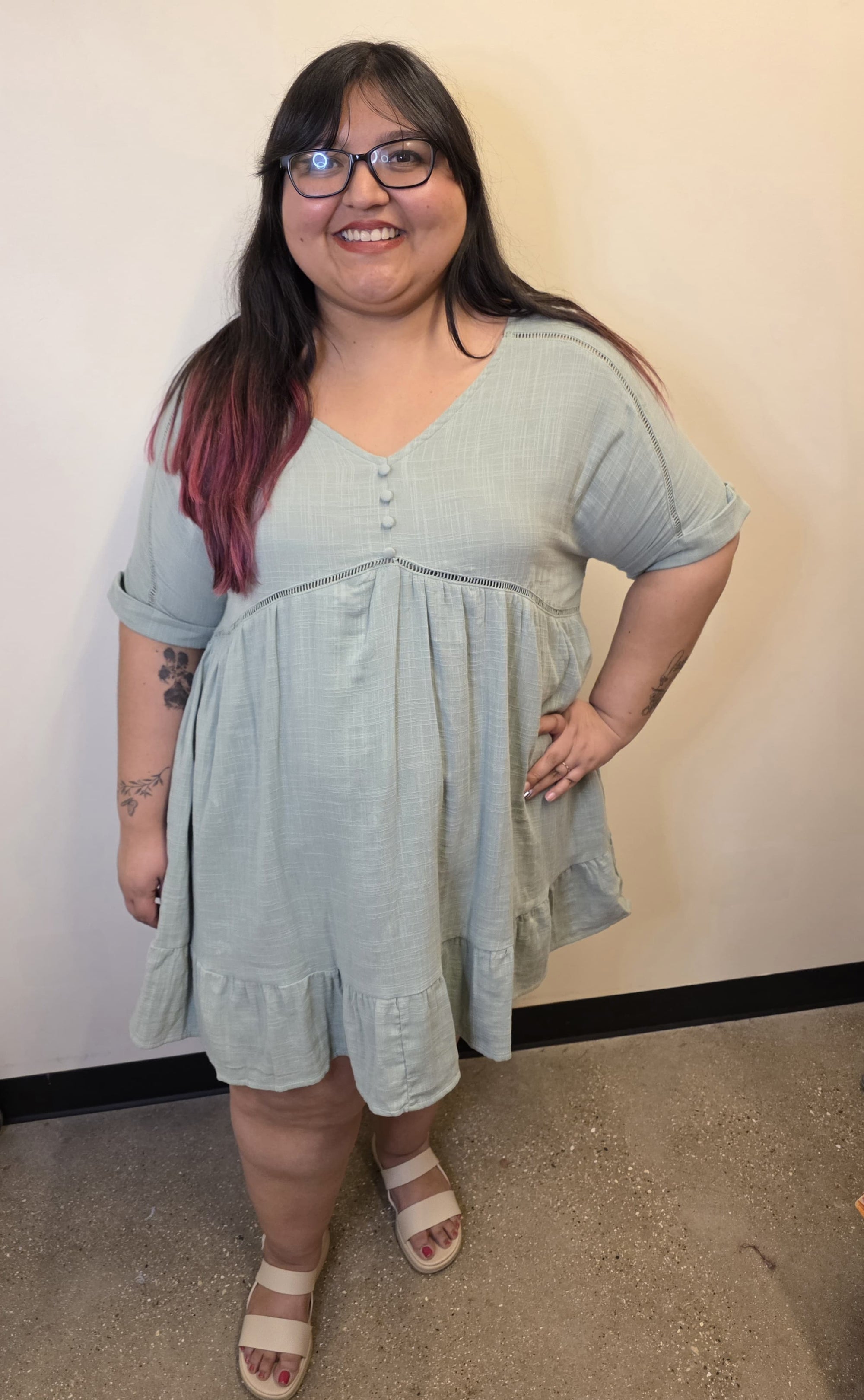 Button Down V-neck Short Dress