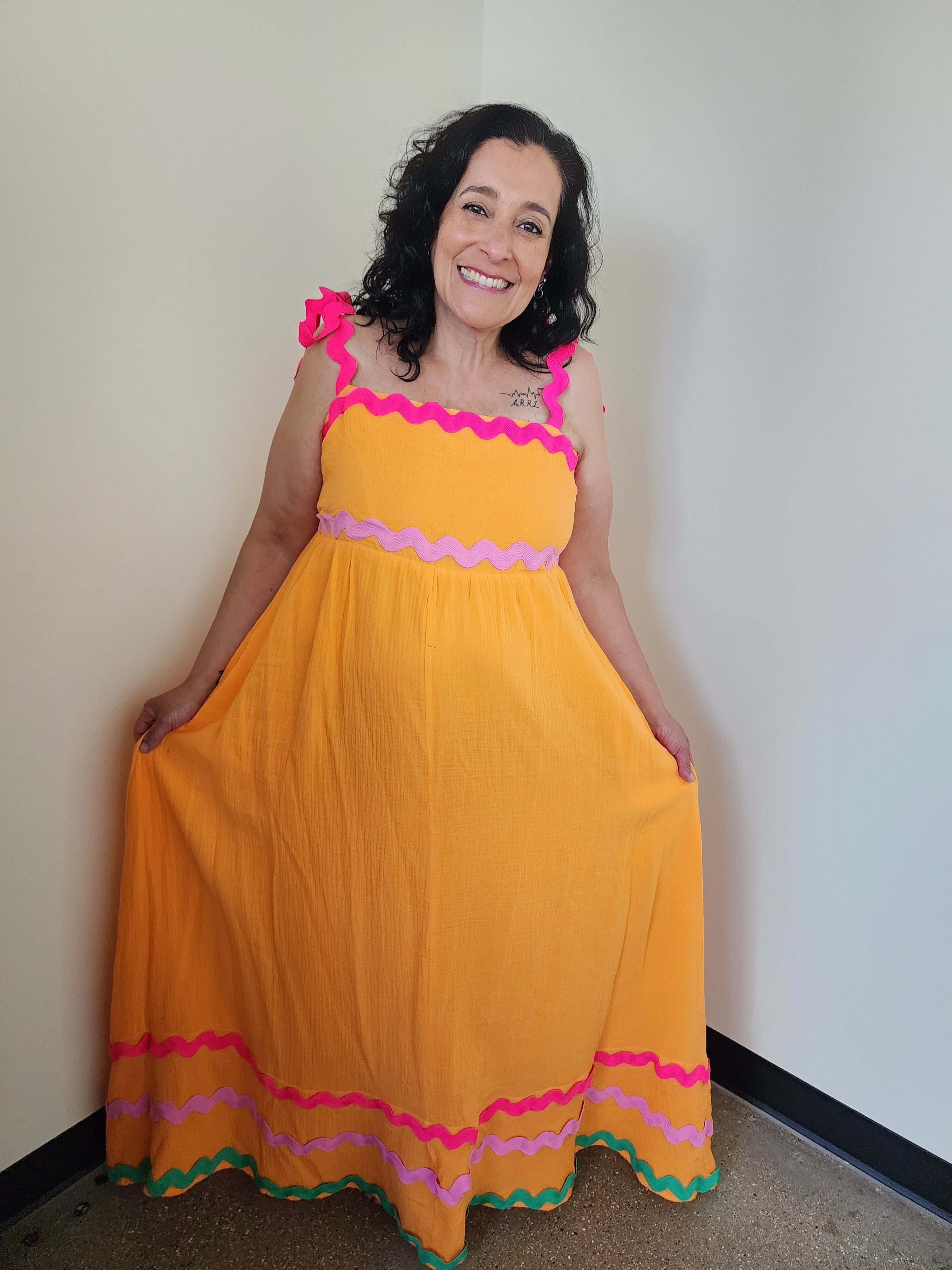 Double Gauze Tie Wavy Trim Detail Maxi Dress