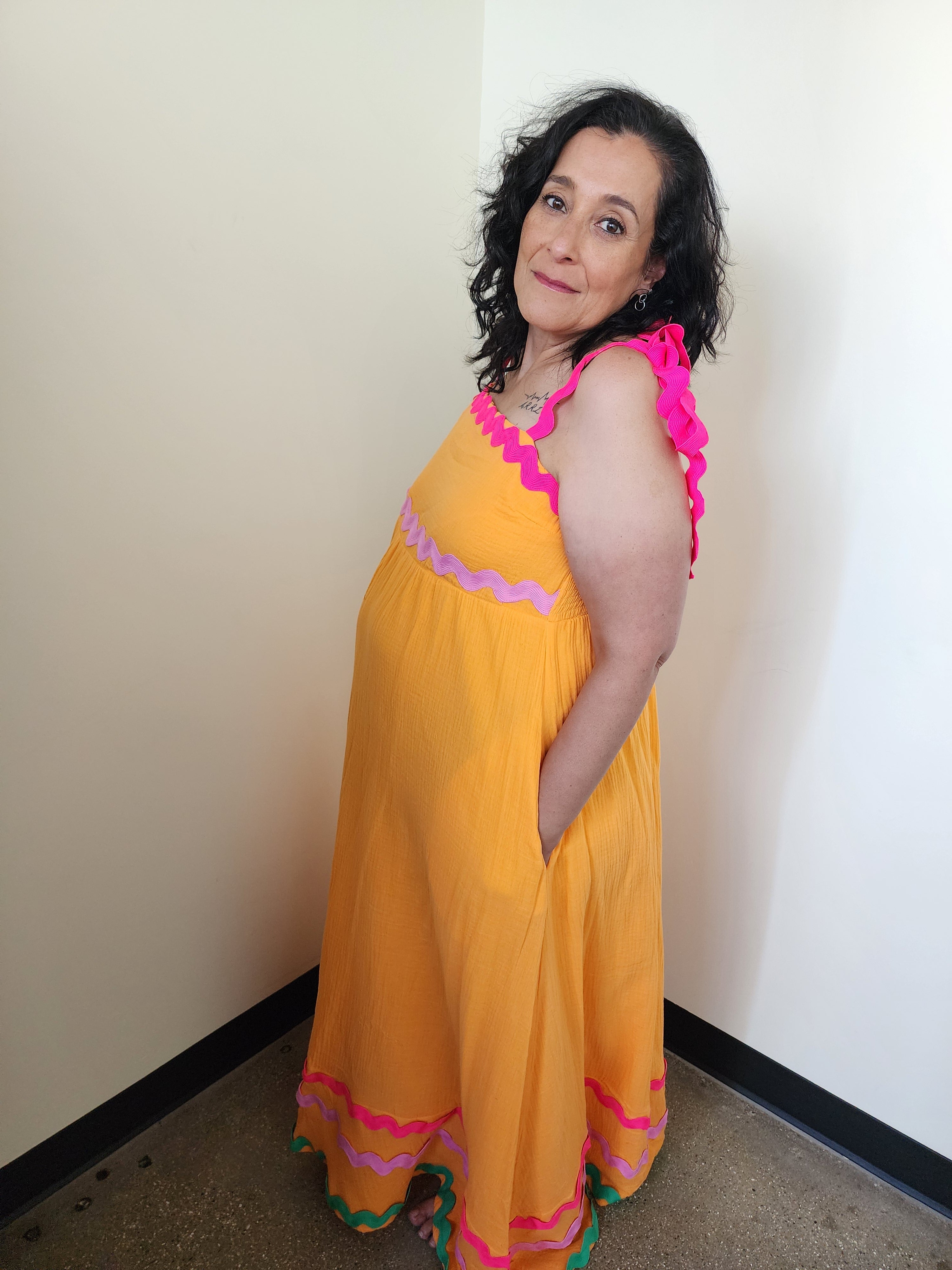 Double Gauze Tie Wavy Trim Detail Maxi Dress