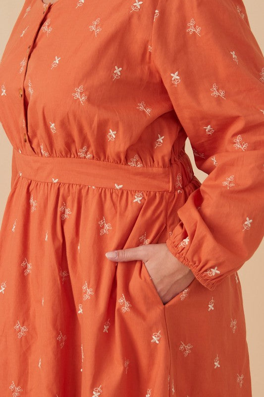 Floral Embroidered Button Down Dress