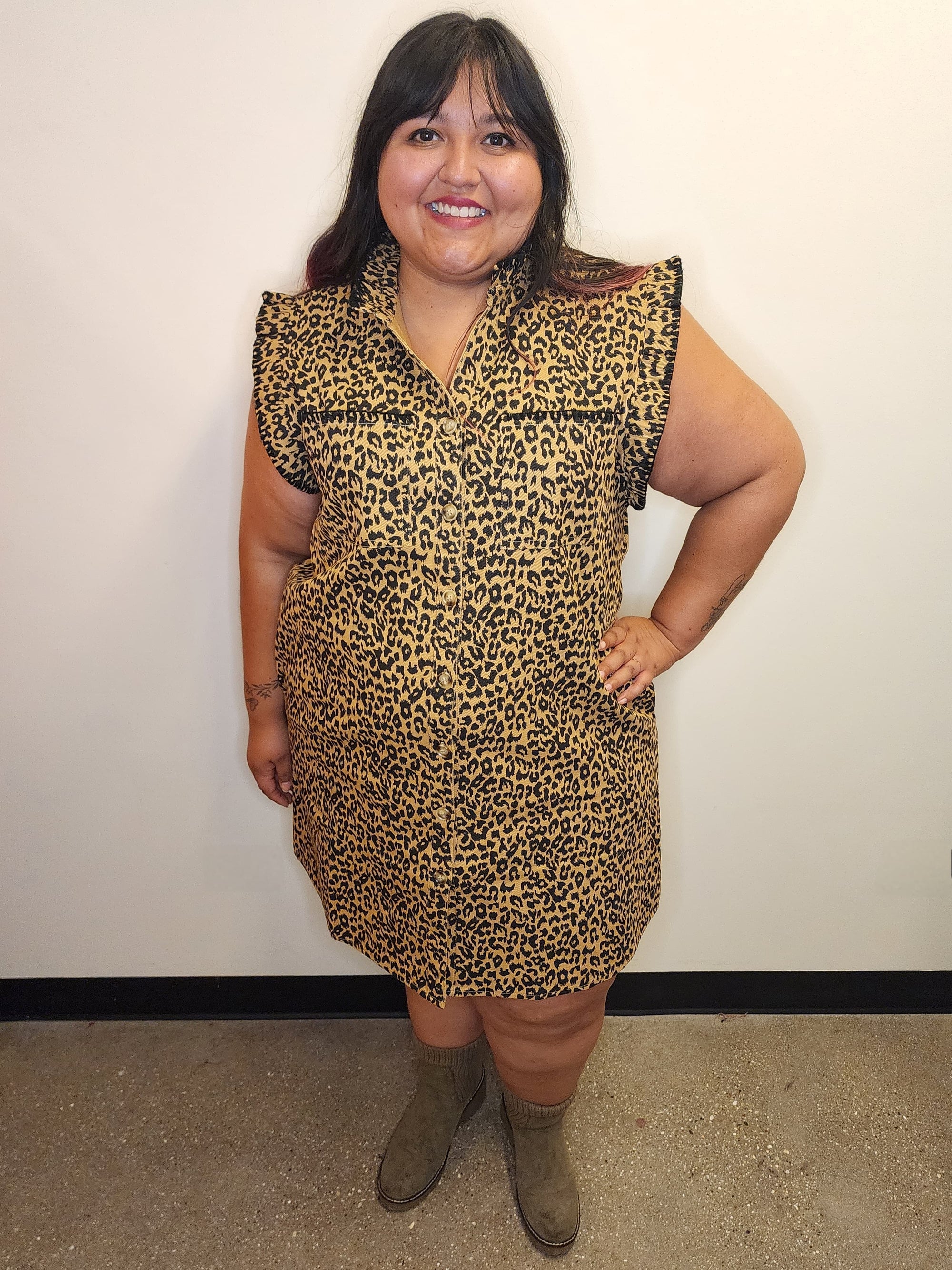 Leopard Denim Button-up Mini Shirt Dress