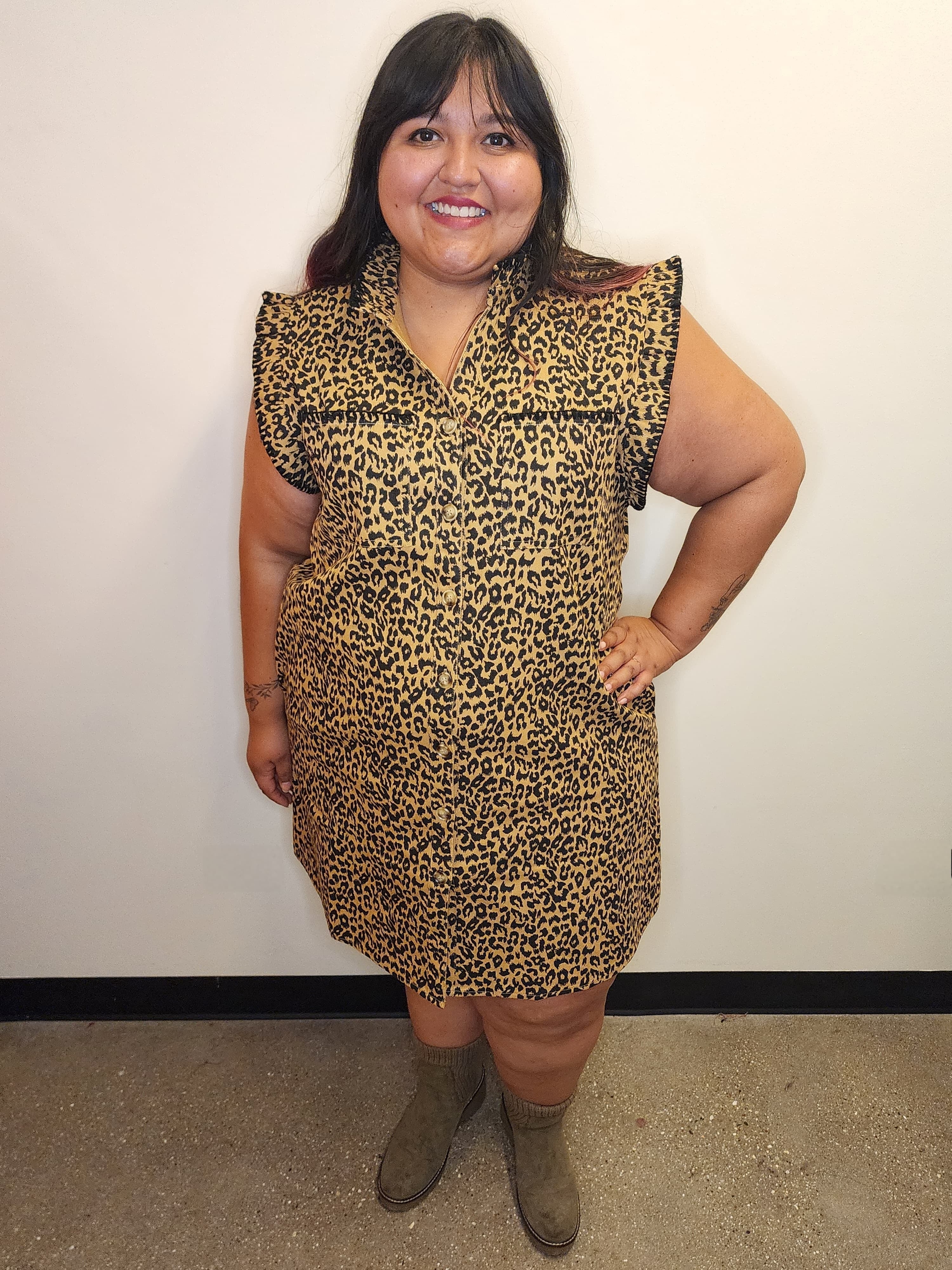 Leopard Denim Button-up Mini Shirt Dress