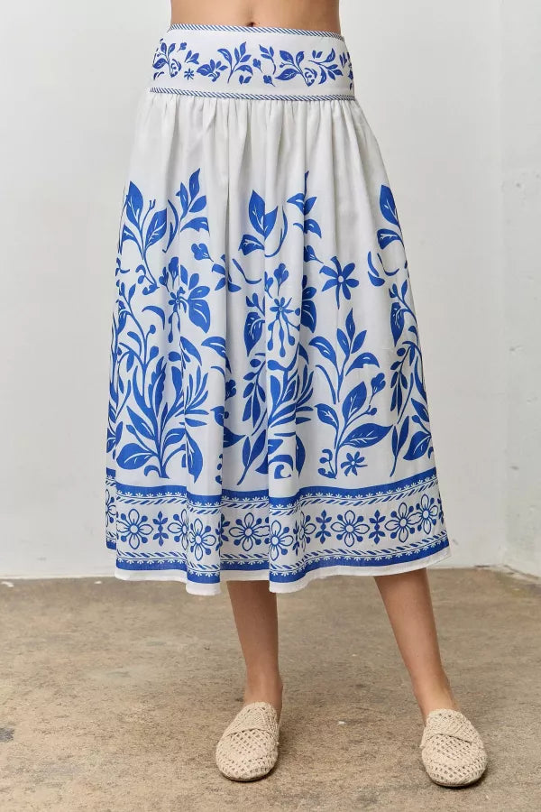Printed Smocked Back Waist Midi Skirt