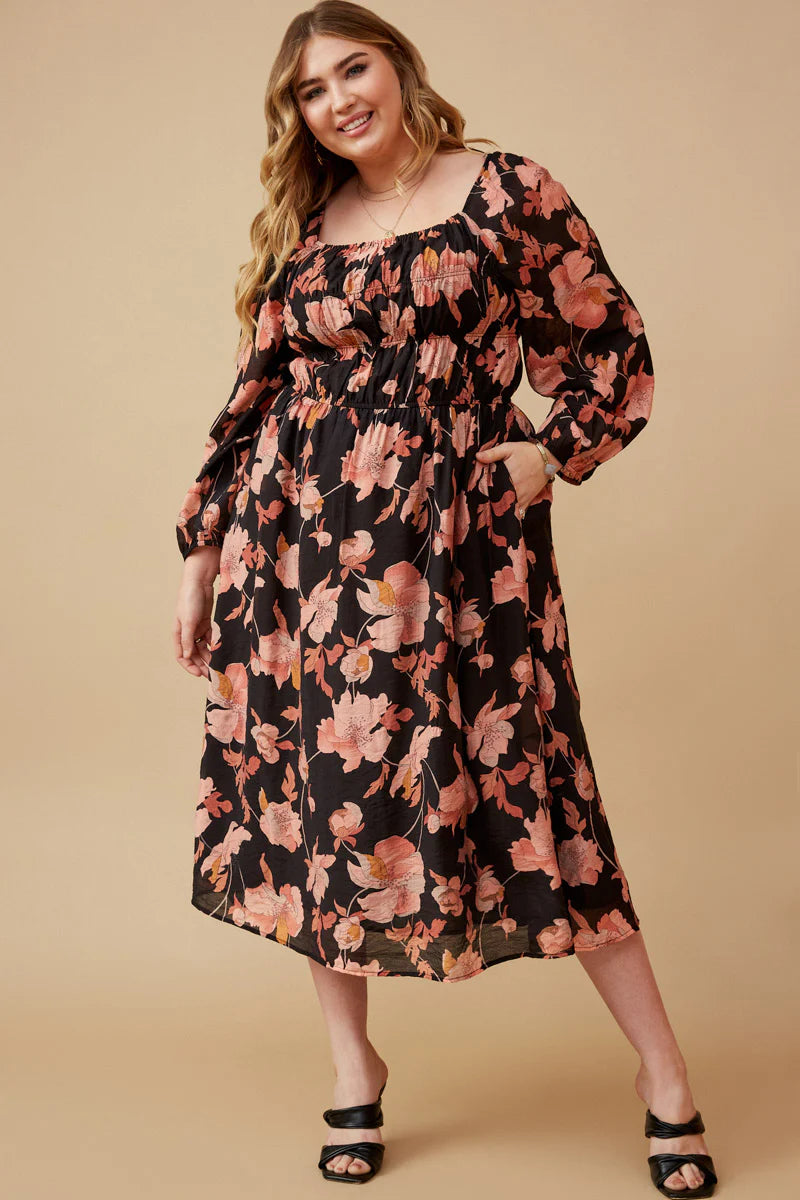 Romantic Floral Square Smocked Dress