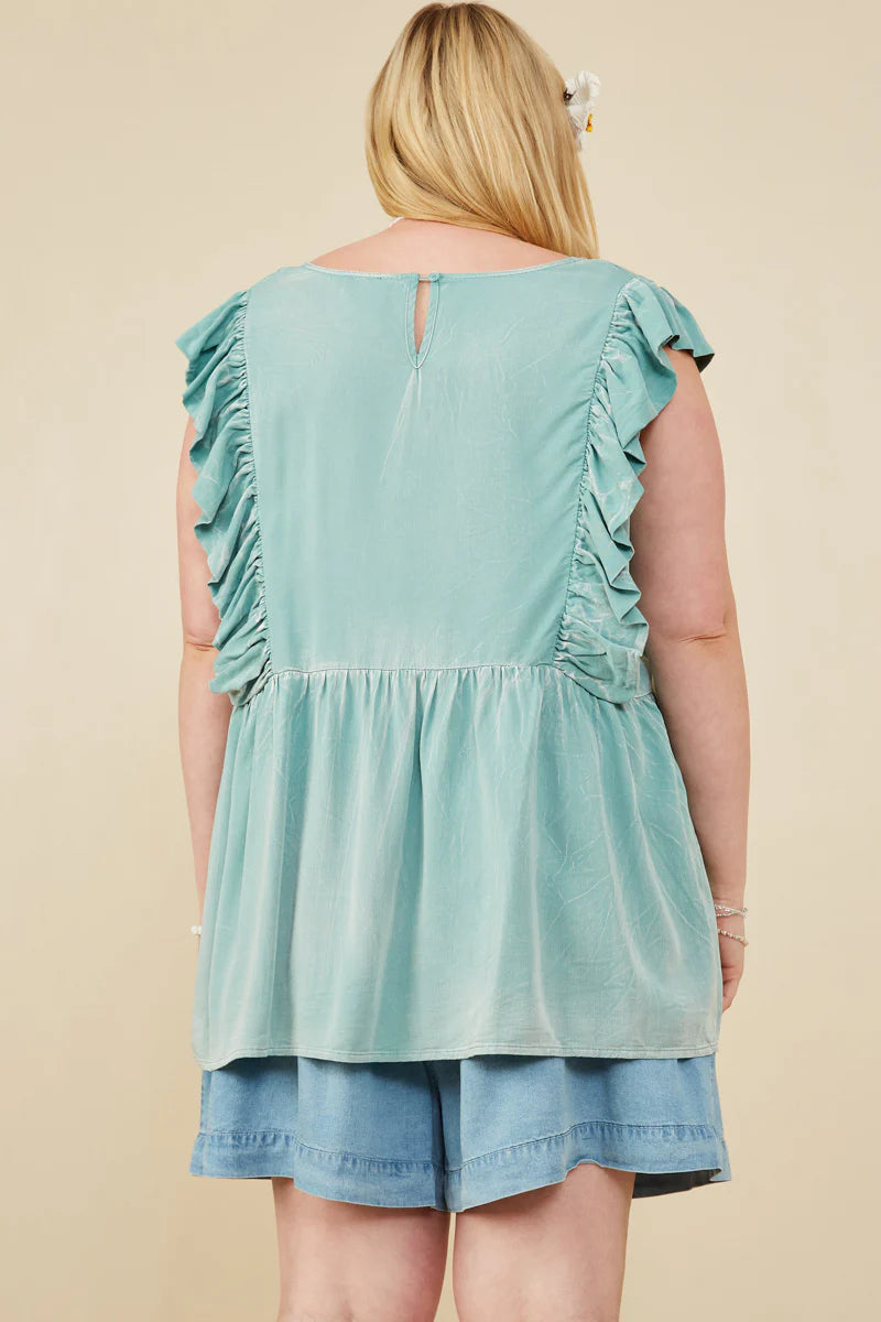 Ruffled V Neck Wash Tencel Top