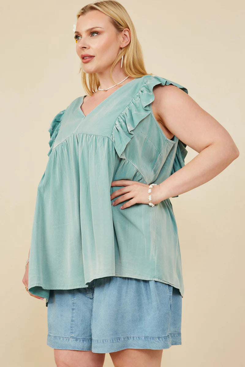 Ruffled V Neck Wash Tencel Top