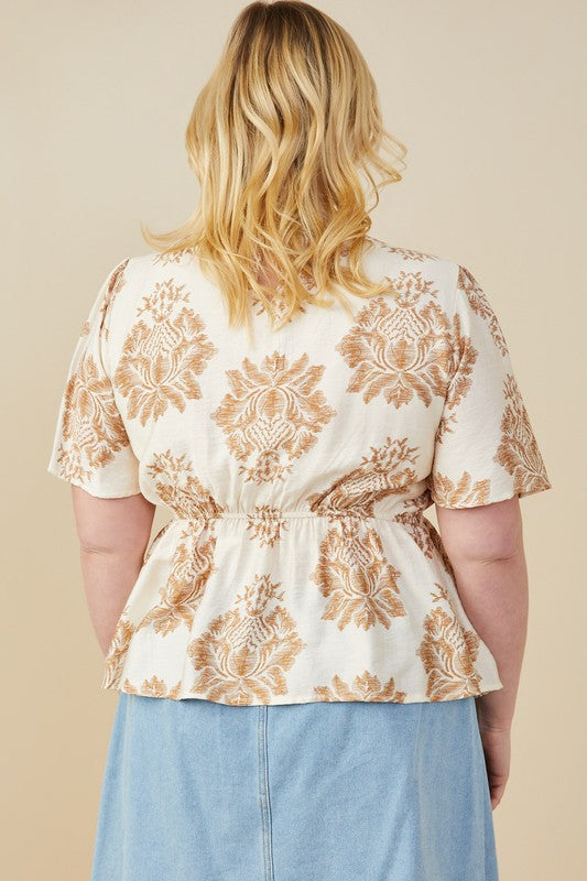 Textured Print Lace Detailed V Neck Top