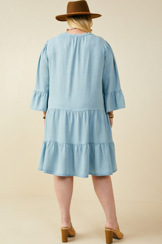 Washed Button Detail Ruffle Tencel Dress