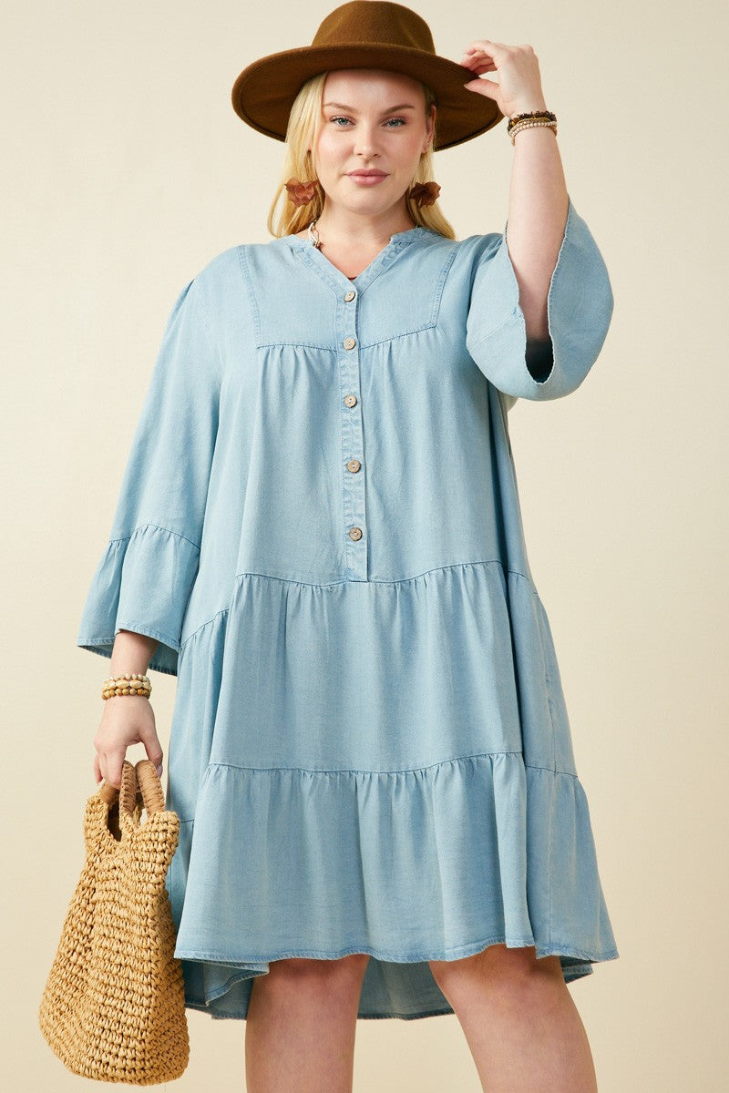 Washed Button Detail Ruffle Tencel Dress