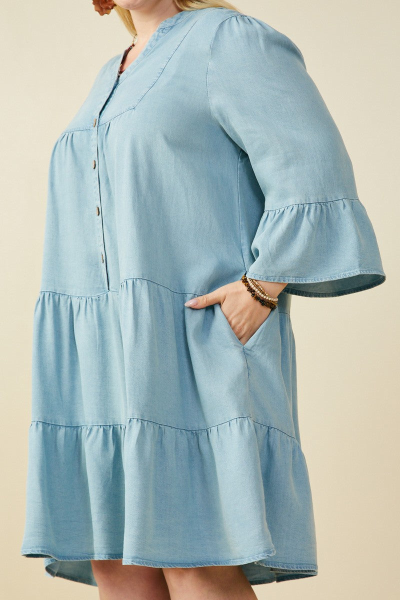 Washed Button Detail Ruffle Tencel Dress